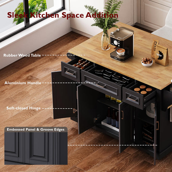 54" Rolling Kitchen Island with Drop Leaf & Storage Drawers