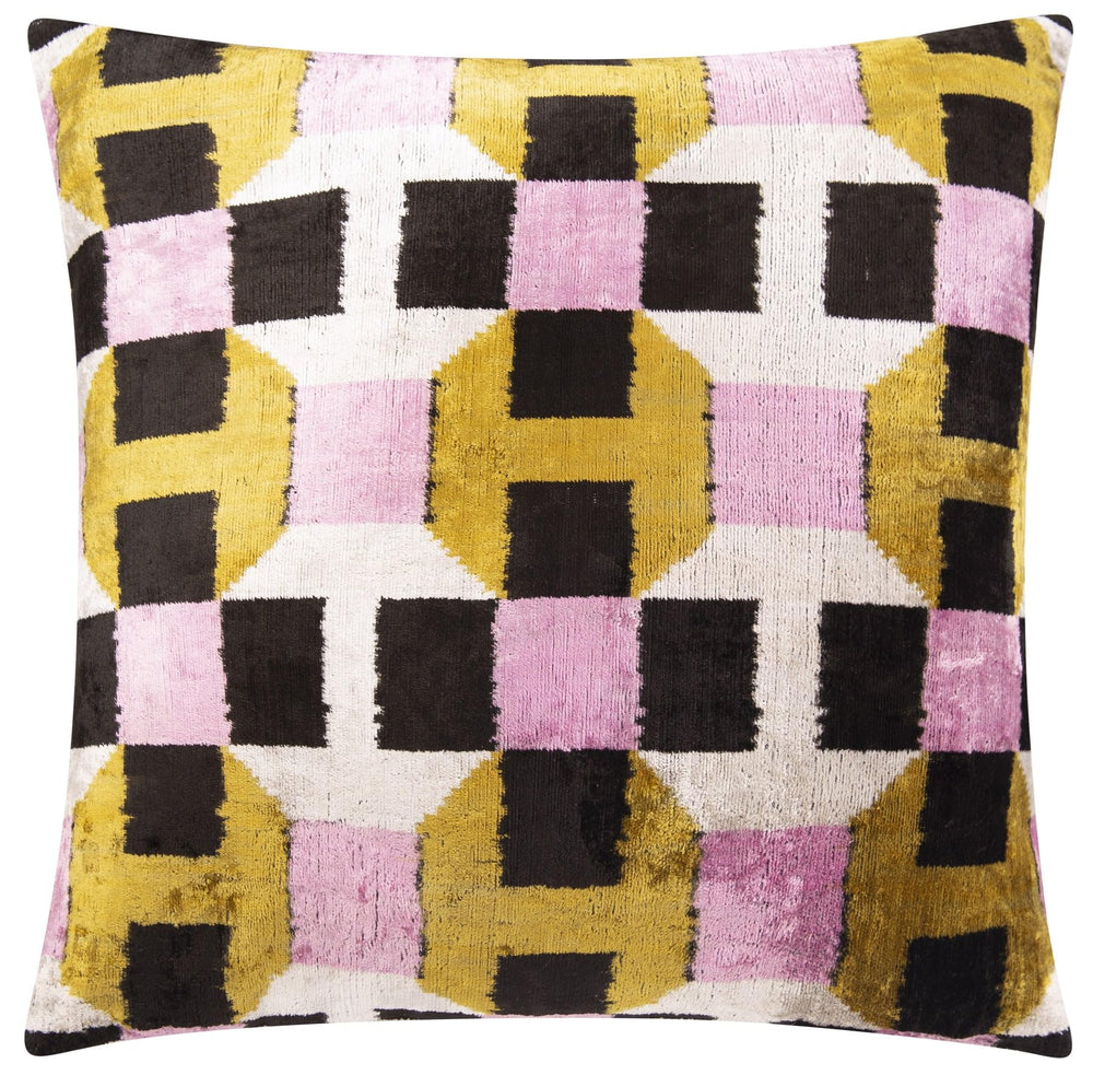Velvet Throw Pillow – Pink, Gold & Black Geometric Design, 20x20 Inch