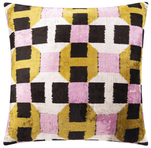 Velvet Throw Pillow – Pink, Gold & Black Geometric Design, 20x20 Inch