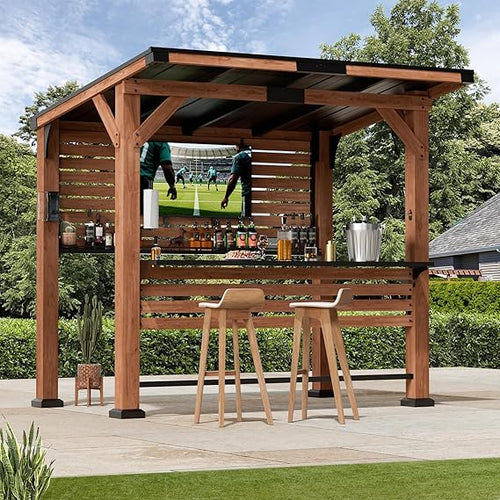 Cedar Wood Outdoor Entertainment Gazebo with Bar, TV Mount & Charging Ports