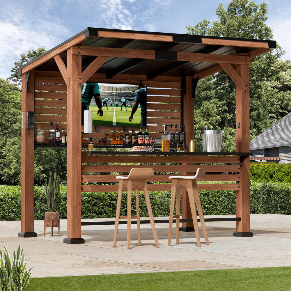 Cedar Wood Outdoor Entertainment Gazebo with Bar, TV Mount & Charging Ports