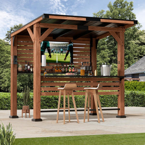 Cedar Wood Outdoor Entertainment Gazebo with Bar, TV Mount & Charging Ports