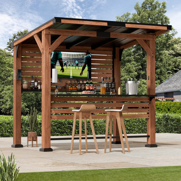 Cedar Wood Outdoor Entertainment Gazebo with Bar, TV Mount & Charging Ports