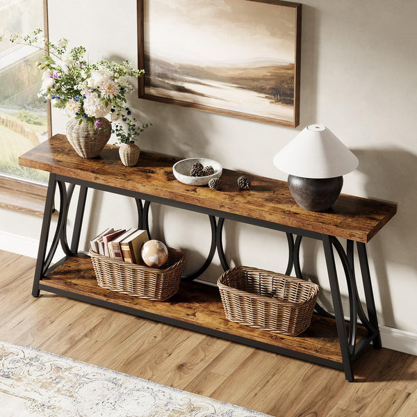 71-Inch Industrial Console Table with 2-Tier Storage Shelf