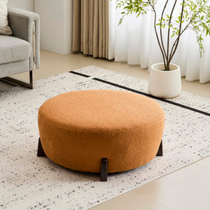 Round Boucle Ottoman with Wooden Legs
