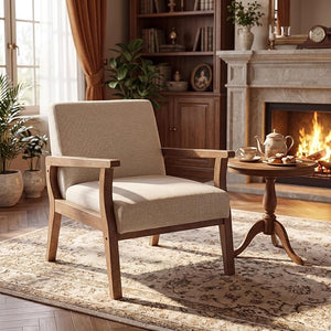 Mid-Century Modern Accent Chair – Beige Linen, Wood Frame