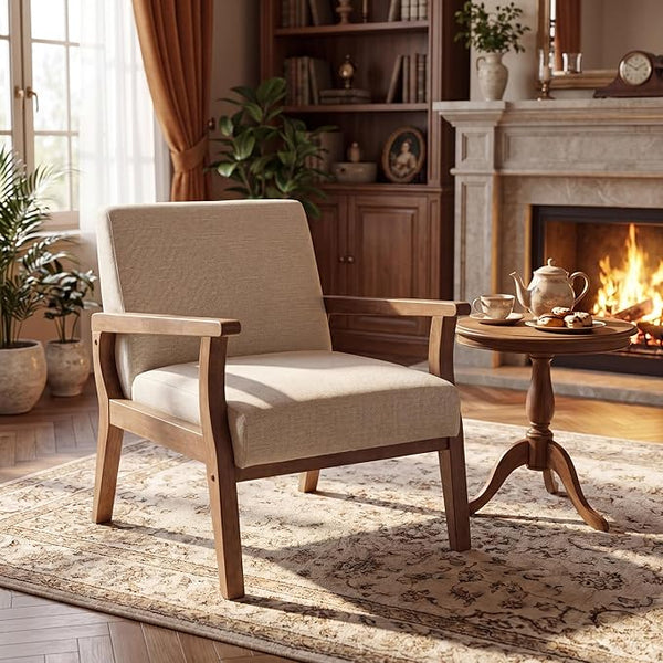 Mid-Century Modern Accent Chair – Beige Linen, Wood Frame