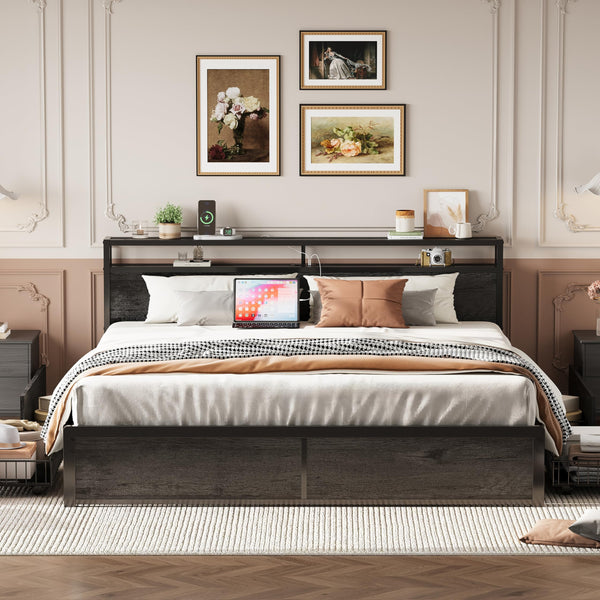 King Size Storage Bed Frame with Charging Headboard