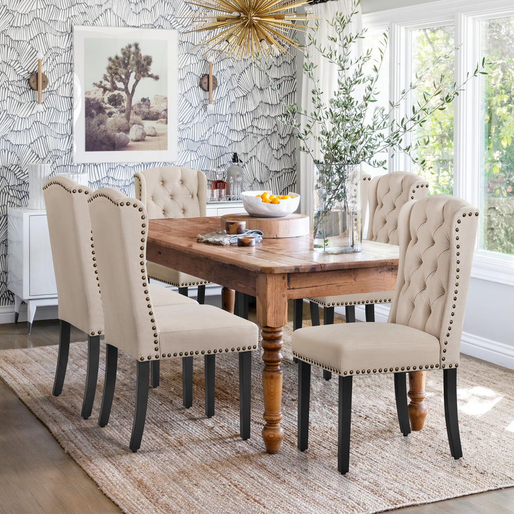 Button-Tufted Upholstered Dining Chairs with Solid Wood Legs – Beige