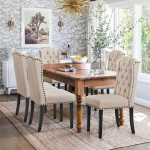 Button-Tufted Upholstered Dining Chairs with Solid Wood Legs – Beige