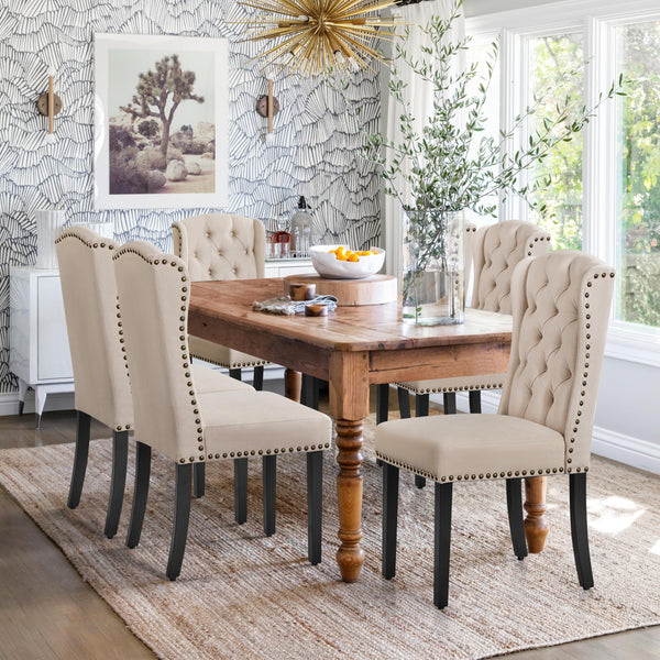 Button-Tufted Upholstered Dining Chairs with Solid Wood Legs – Beige