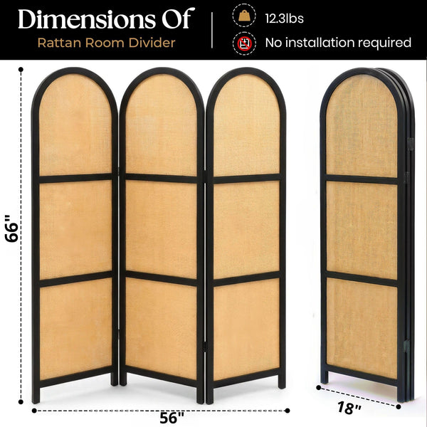 3-Panel Folding Room Divider | Wood & Rattan Privacy Screen