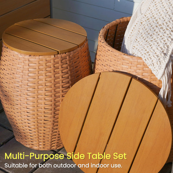 Wicker Round Patio Side Table Set of 2 with Storage