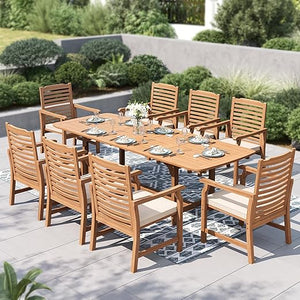 9-Piece Acacia Wood Outdoor Dining Set with Extendable Table & Cushioned Chairs