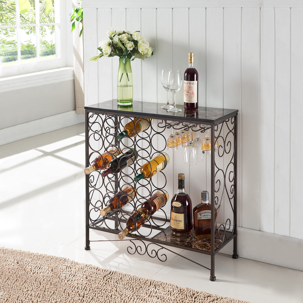 Metal Wine Rack Console Table with Glass Holder – Black Bronze
