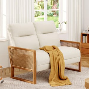 Linen Loveseat with Natural Rattan Arms & Oak Legs