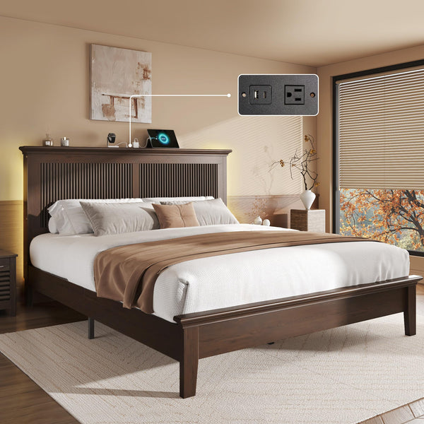 Queen Bed Frame with Tall Headboard, Charging Station & RGB LED