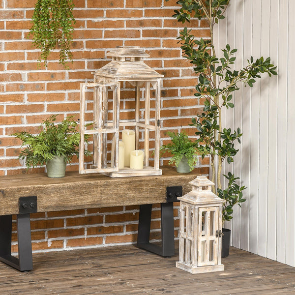 Rustic Wooden Decorative Lanterns Set of 2 – Indoor Outdoor Candle Lanterns