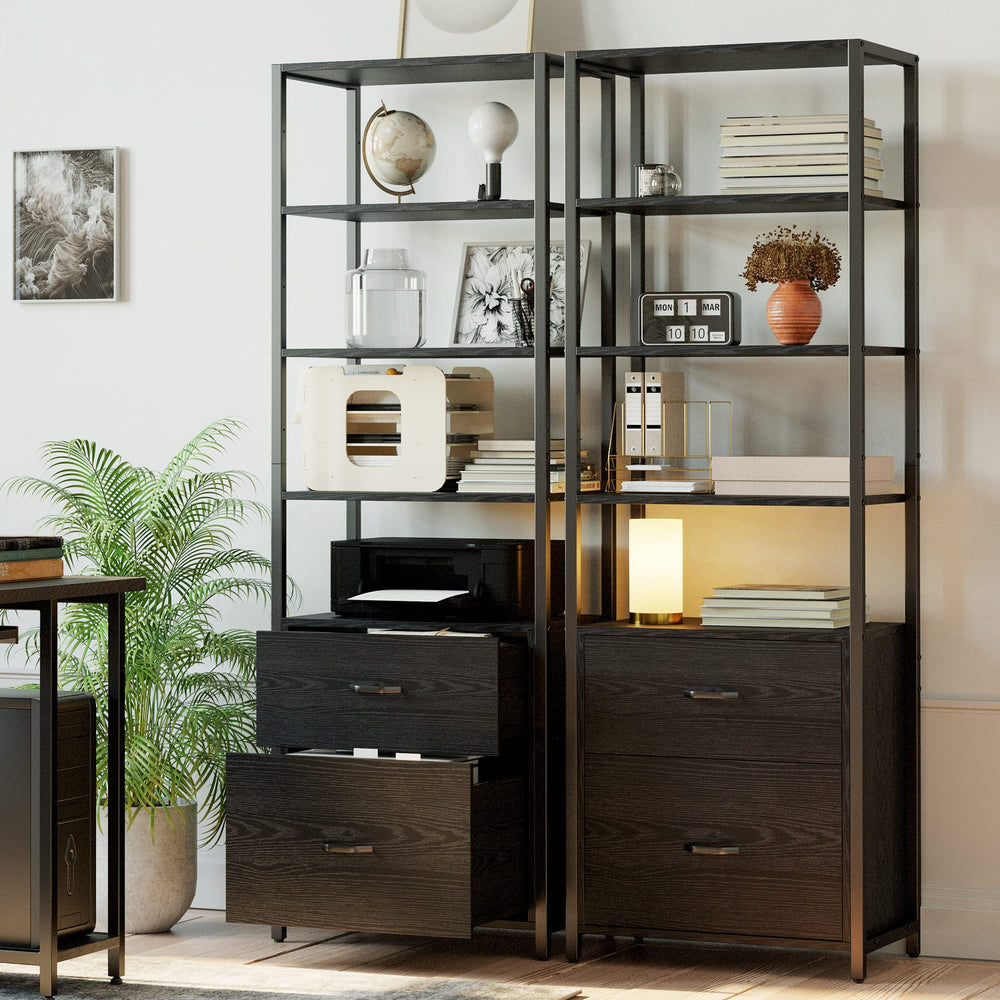 Industrial Bookcase with File Cabinet & 5-Tier Open Shelves, 71.6"H