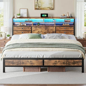 King Size Bed Frame with LED Lights, Storage Headboard & Charging Ports