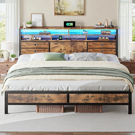 King Size Bed Frame with LED Lights, Storage Headboard & Charging Ports