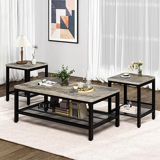 3-Piece Industrial Coffee Table Set with 2 End Tables