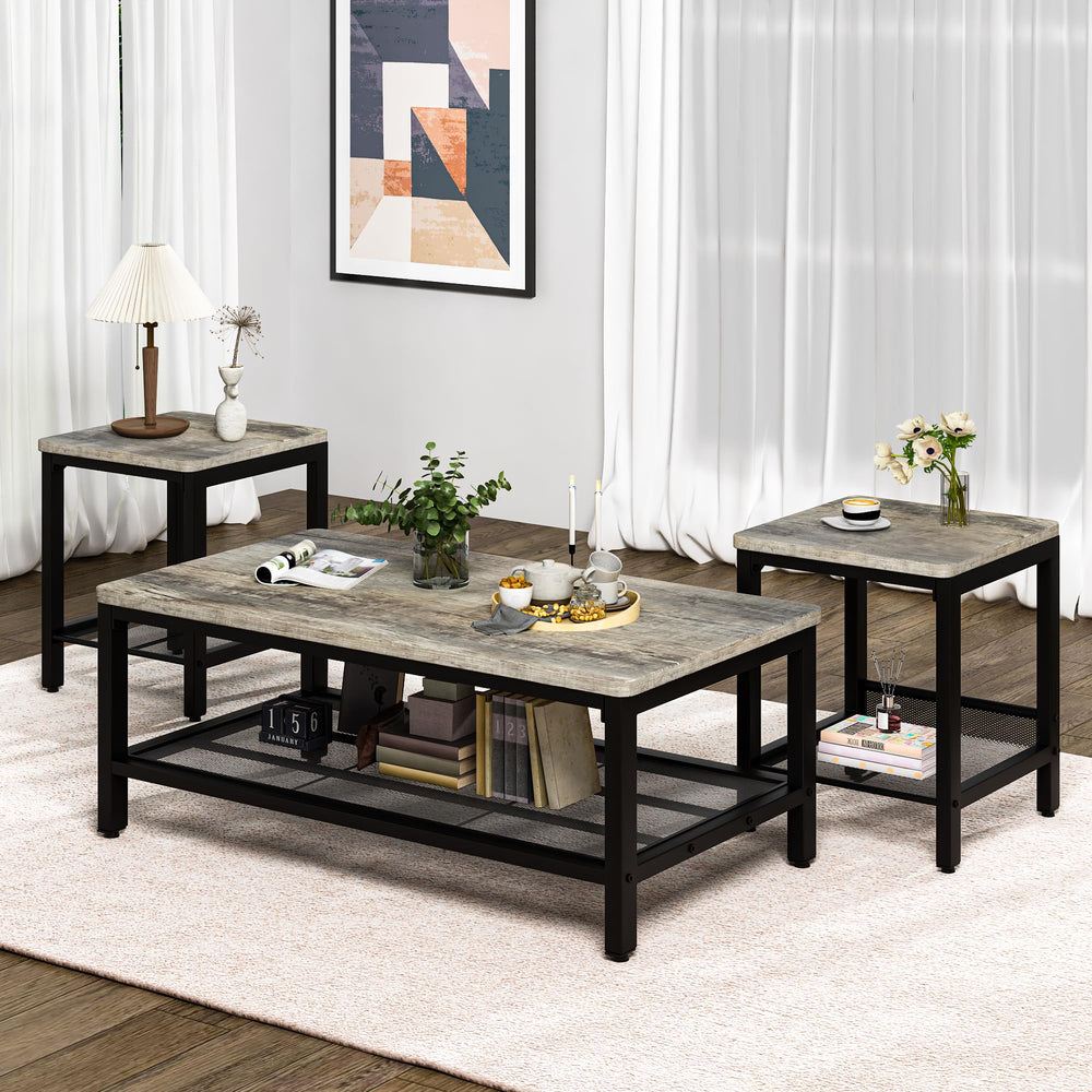 3-Piece Coffee & End Table Set – Metal Frame