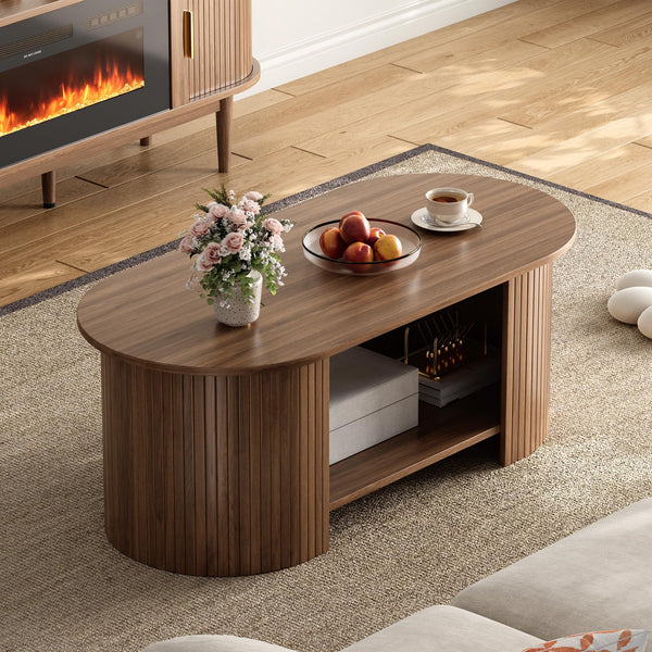 Oval Fluted Coffee Table with 2-Tier Storage