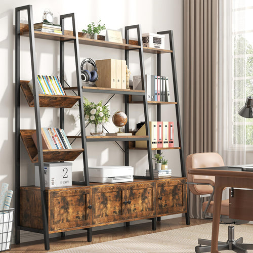 Ladder Bookshelf with 4 Doors & 12 Open Shelves