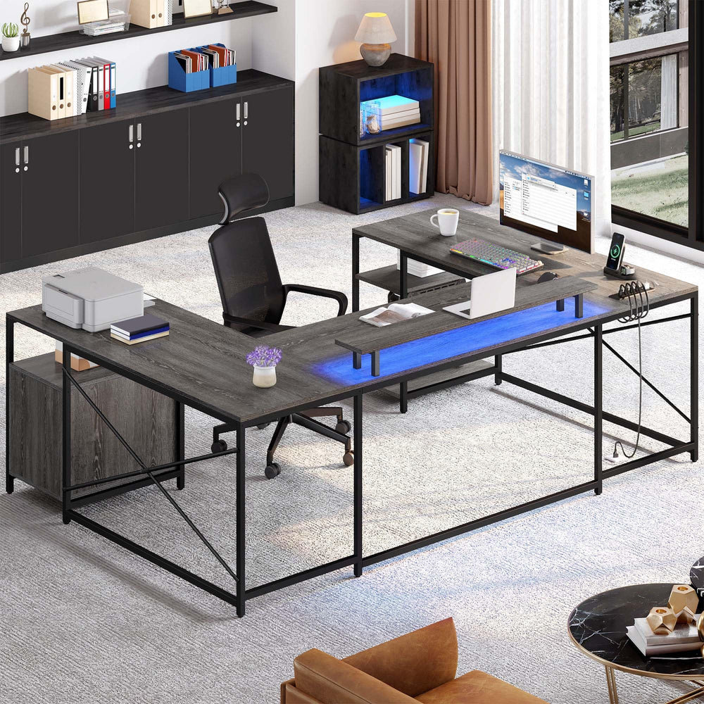 U-Shaped Computer Desk with Power Outlets, LED Lights & Storage