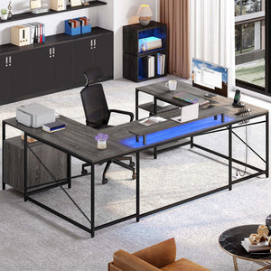 U-Shaped Computer Desk with Power Outlets, LED Lights & Storage