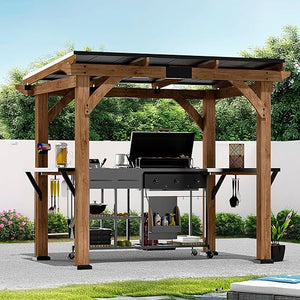 Cedar Wood Outdoor Entertainment Gazebo with Bar, TV Mount & Charging Ports