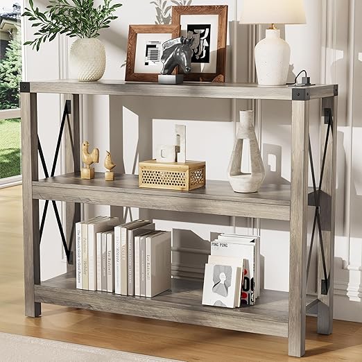Entryway Console Table with Outlets, USB Ports & 3-Tier Open Shelves