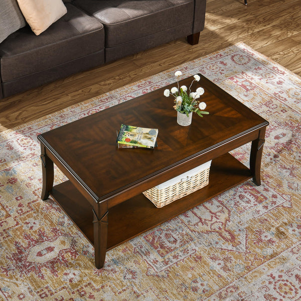 Mid-Century Solid Wood Coffee Table with Carved Legs & Storage Shelf