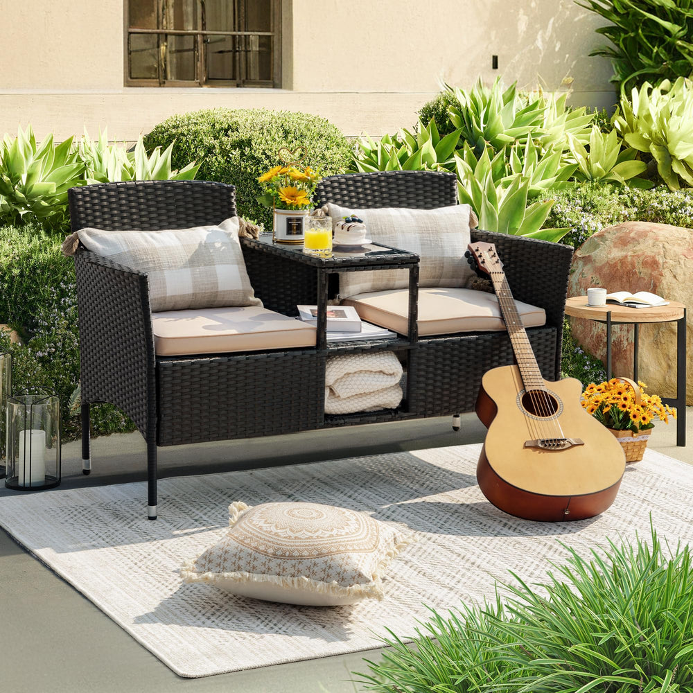 Outdoor Rattan Loveseat with Built-In Table & Storage