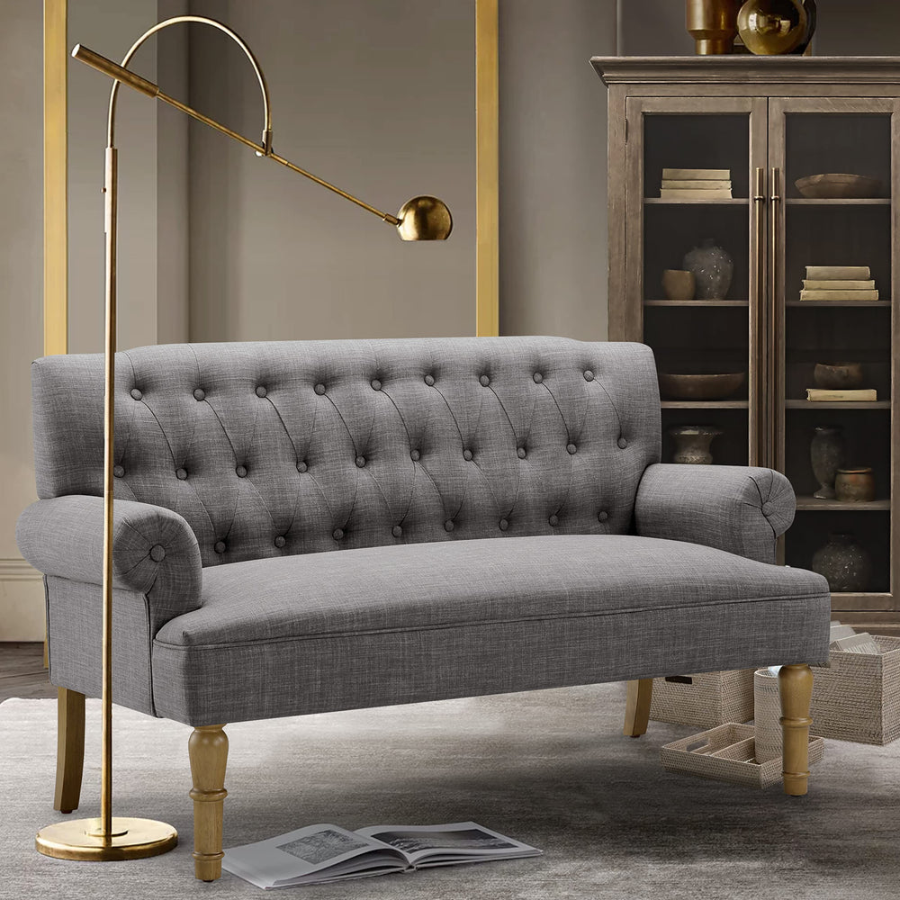 Button-Tufted Linen Loveseat with Wood Frame