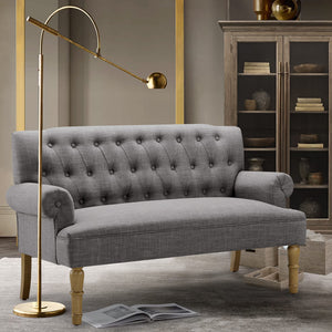Button-Tufted Linen Loveseat with Wood Frame