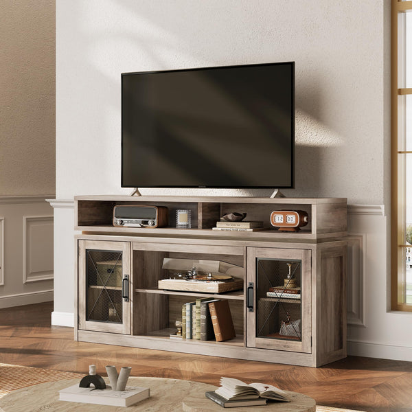 Farmhouse TV Stand with LED Lights & Storage Cabinets
