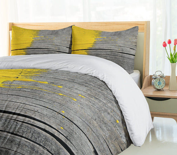Queen Duvet Cover Set – Yellow Grey Brushed Microfiber 3-Piece Bedding Set with Pillow Shams