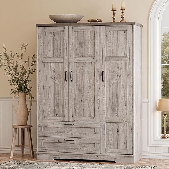 3-Door Wardrobe with Mirror, Drawers & Hanging Rod
