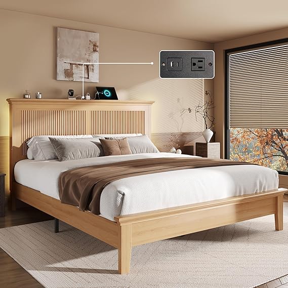 Queen Bed Frame with Tall Headboard, Charging Station & RGB LED