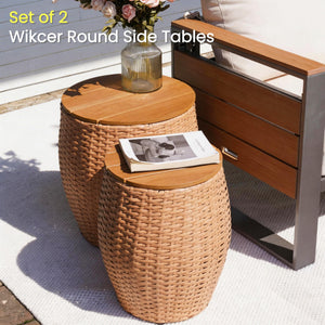 Wicker Round Patio Side Table Set of 2 with Storage