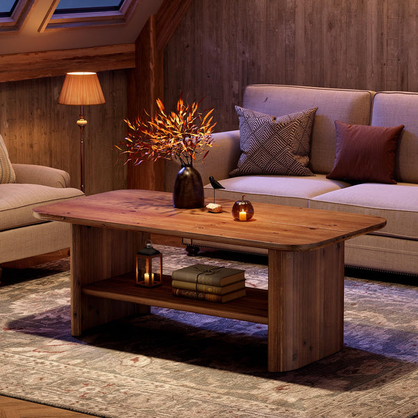 Solid Wood Coffee Table with 2-Tier Storage