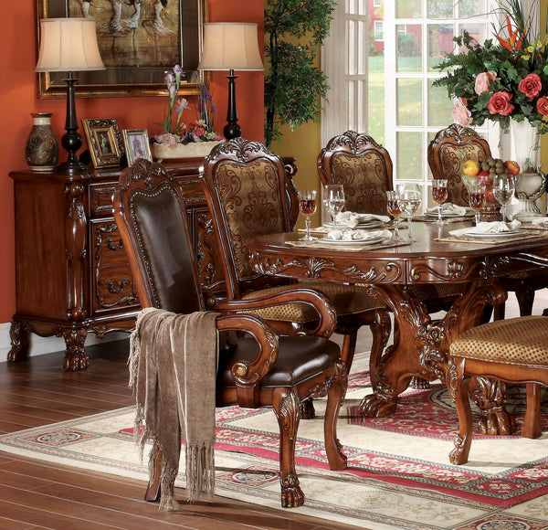 9-Piece Formal Dining Set – Extendable Pedestal Table & 8 Upholstered Chairs