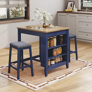HLR 3-Piece Dining Table Set for 2 Person, Small Farmhouse Kitchen Table with 2 Bar Stools, Wood Dinner Table with Storage Shelves for Dining Room, Apartment, Small Space, Breakfast Nook, Black