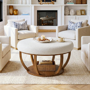 Round Storage Ottoman Coffee Table with Wood Base