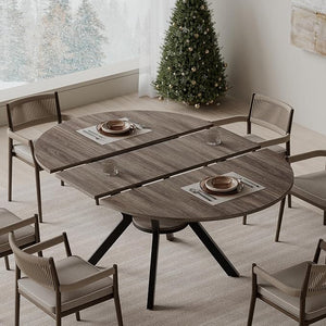 42–58" Extendable Round to Oval Dining Table with Hidden Leaves & Storage Shelf, Seats 4–6
