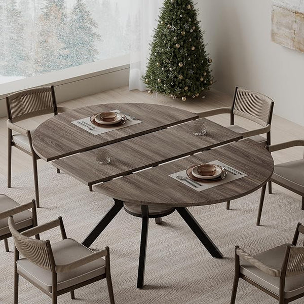 42–58" Extendable Round to Oval Dining Table with Hidden Leaves & Storage Shelf, Seats 4–6