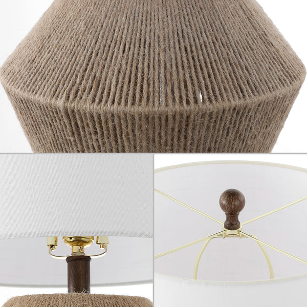 Brown Rope Coastal Rustic Table Lamp with White Linen Drum Shade