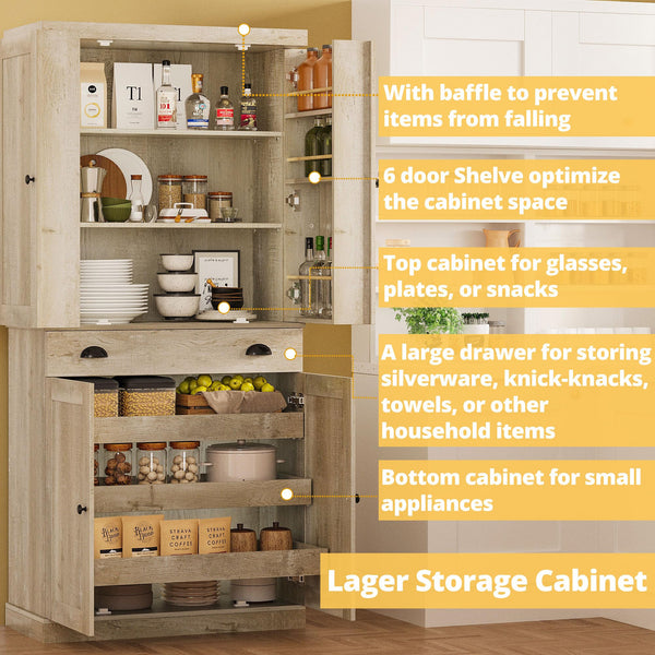 Freestanding Kitchen Pantry Cabinet 72" with Drawer & Sliding Racks